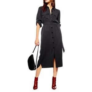 Topshop Utility Lyocell Midi Shirt Dress Belted Dark Grey Charcoal Maxi